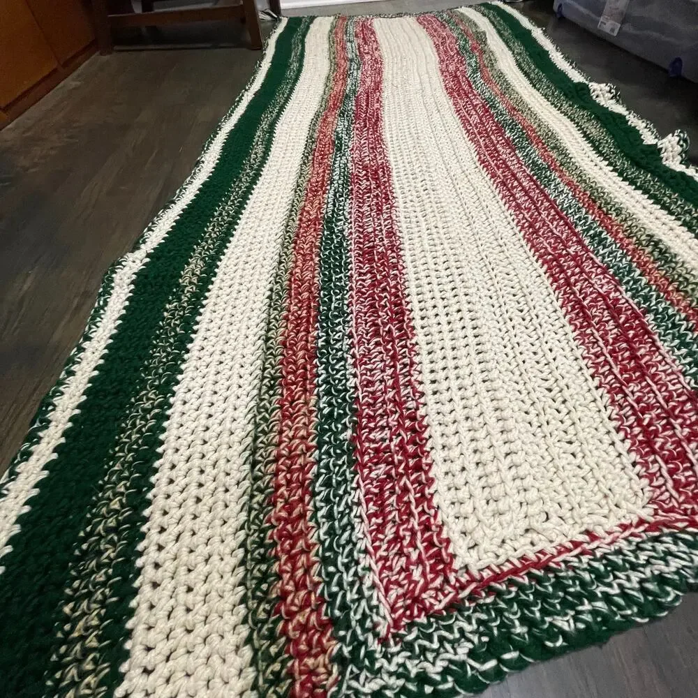 Vintage Crochet Handmade Red Green White Vertical Striped Granny Afghan Throw